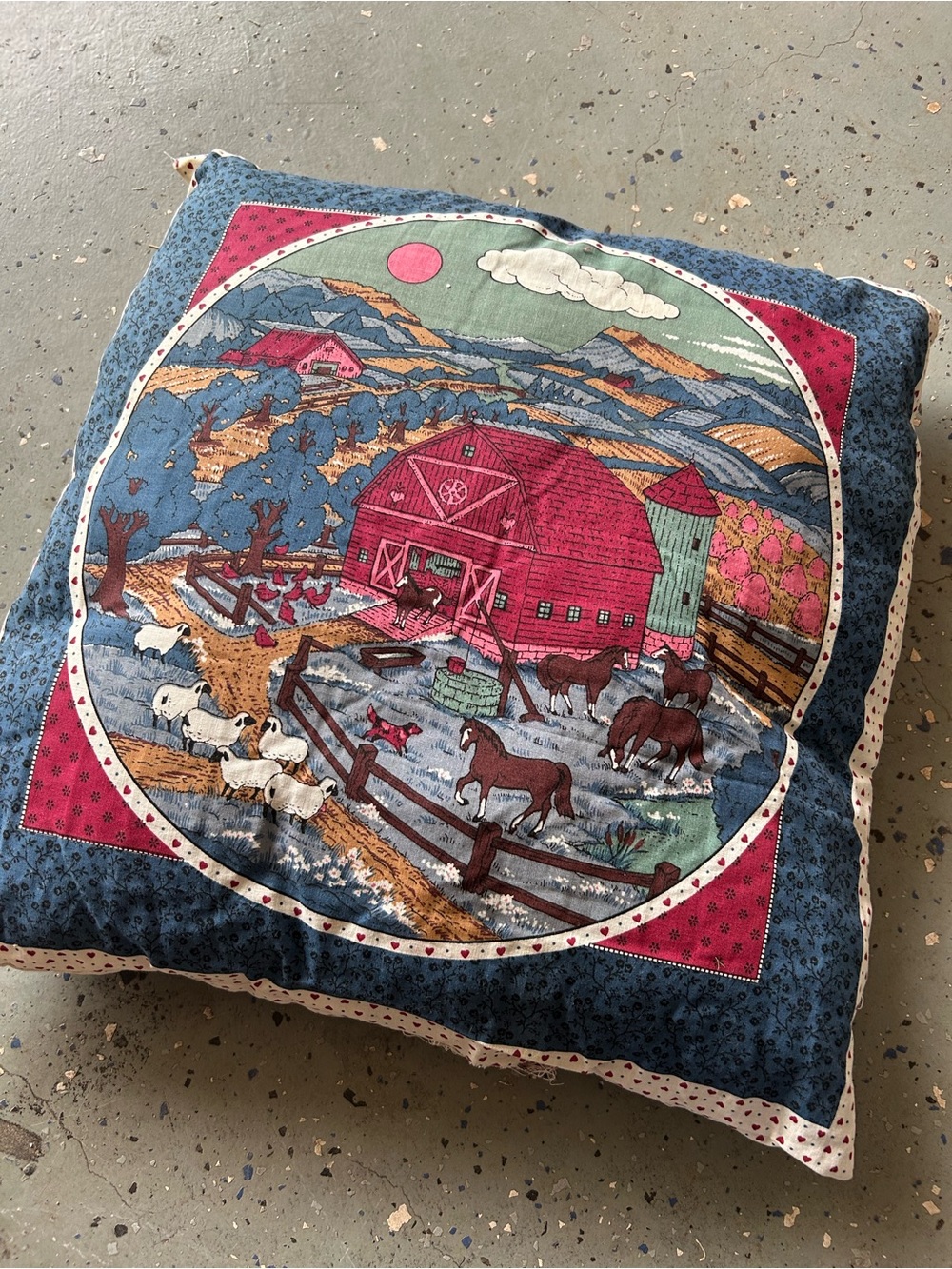 VINTAGE Farmhouse Barn Scene Decorative Pillow - Red & Blue